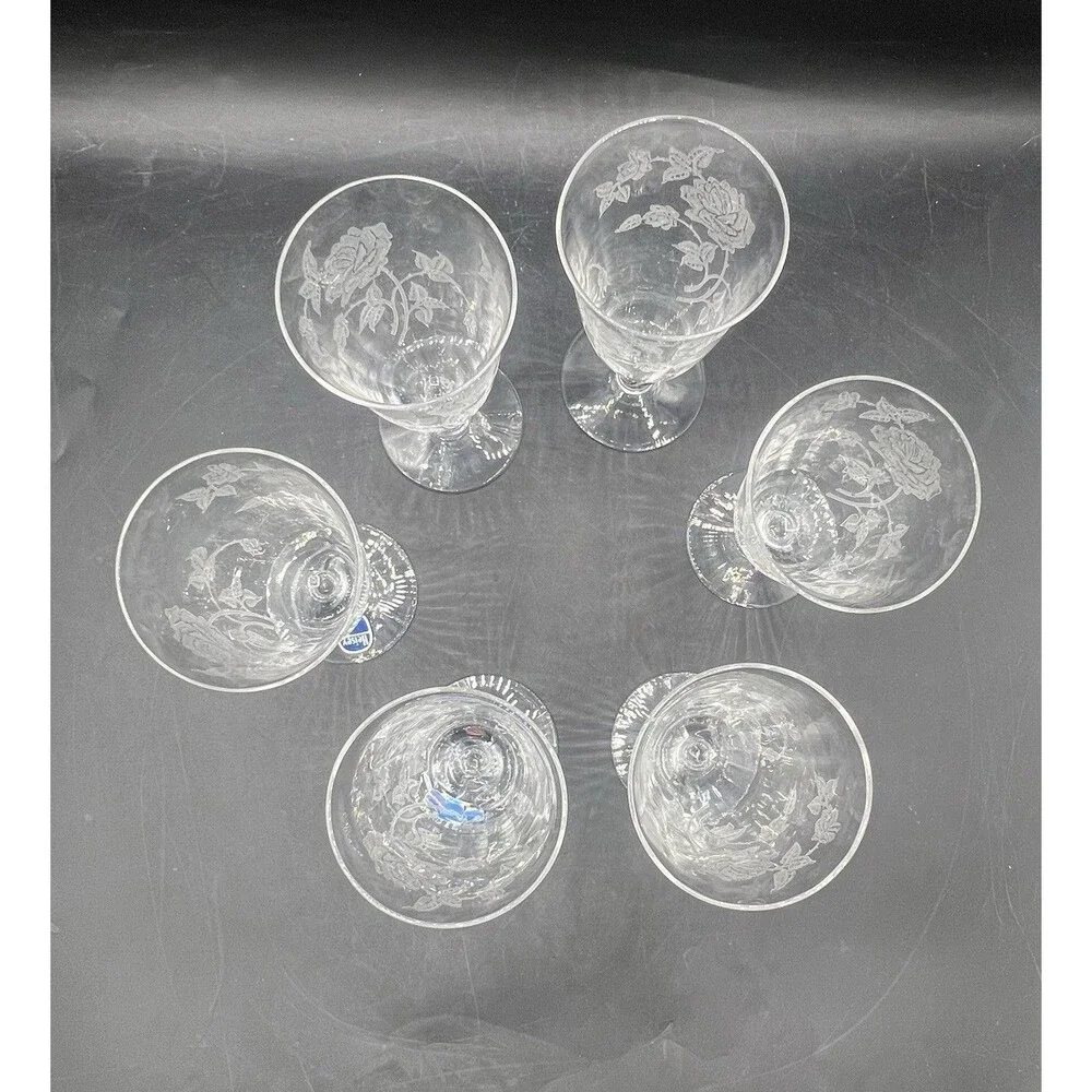 Heisey Rose Etched Crystal Water Goblets Set of 6 Vintage 5.5” Original Labels